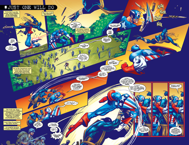 A young T’Chaka and Steve Rogers fight on the Wakandan border during World War II.